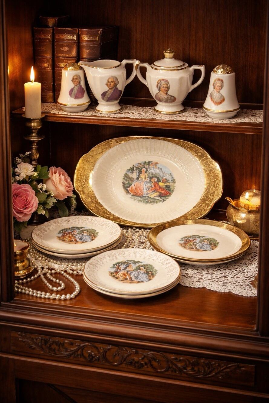 Vintage Colonial Revival Washington Portrait China Group 10 Pc Gold Decor